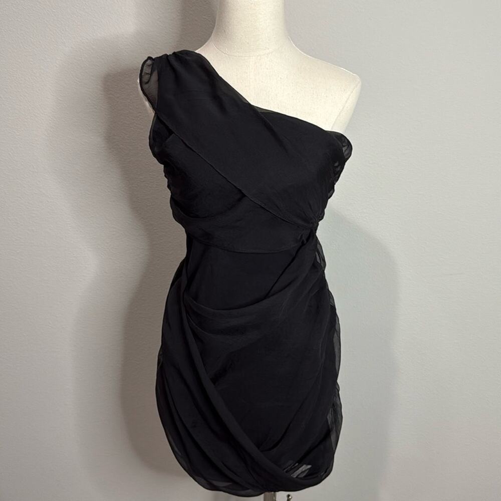 Ya Los Angeles Black Silk/Cotton One Shoulder Ruched Dress Size S